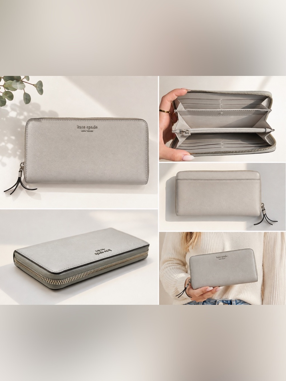 Kate Spade New York Light Gray Saffiano Leather Zip Around Continental Wallet